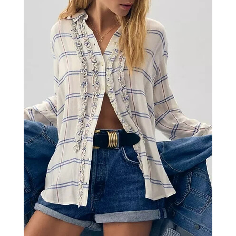 Anthropologie Pilcro Plaid Tuxedo Buttondown Shirt Size XS Blue White Ruffle